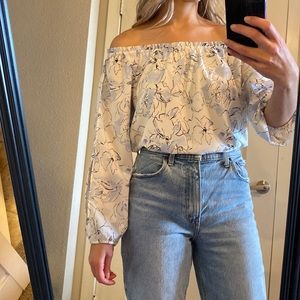 Blue and white off the shoulder blouse